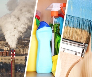Photo collage of factory pollution, cleaning products, and a paintbrush.