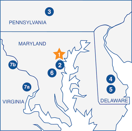 Stylized map of northern Virginia, Maryland, Delaware, and southern Pennsylvania with markers for DeVere Insulation and its sister company locations.